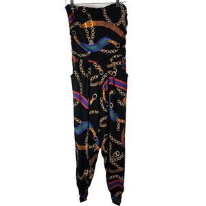 Ups & Downs Womens Strapless Jumpsuit Belt Chain Print‎ Pockets Size L Black
